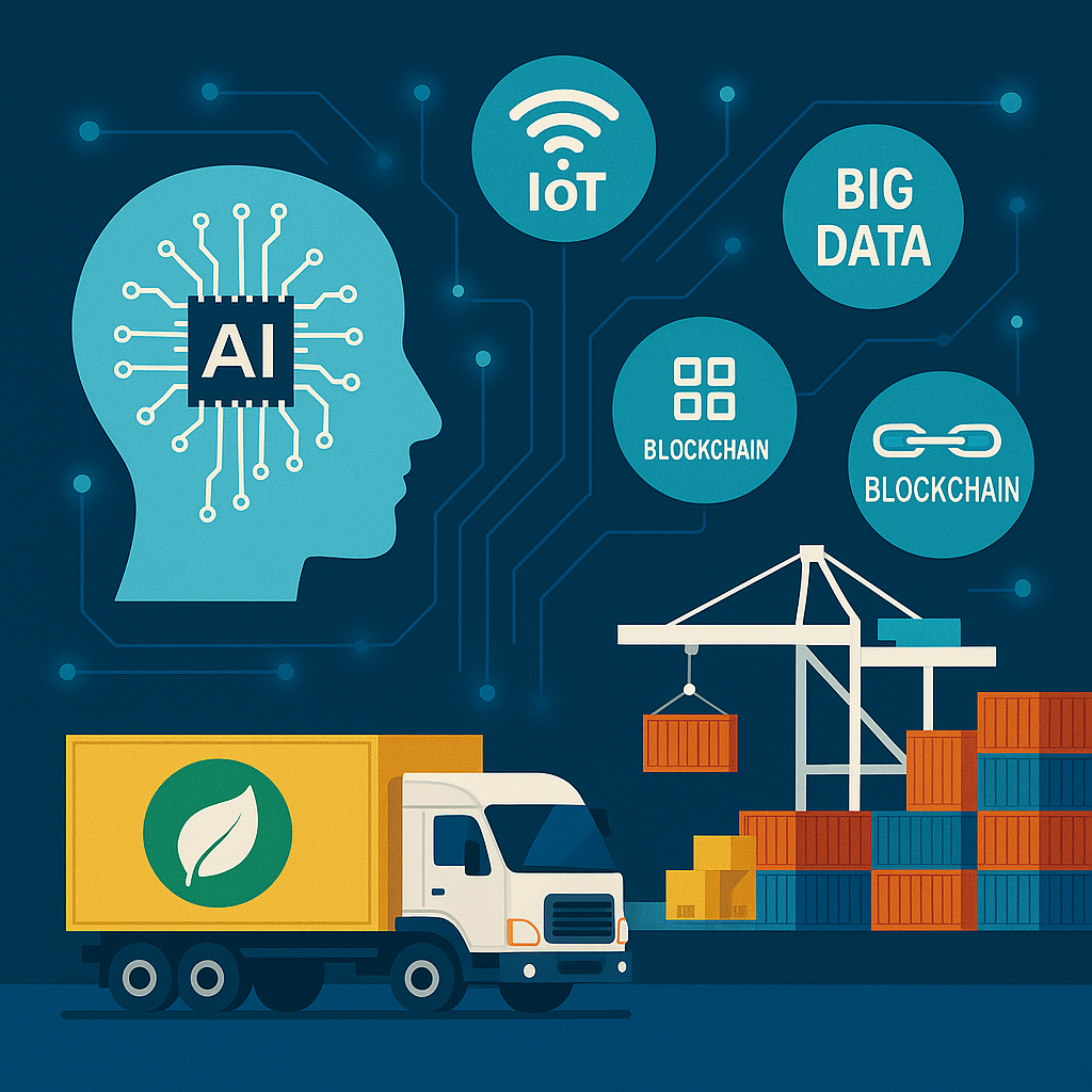 Ilustración digital que muestra inteligencia artificial, IoT, big data, blockchain y un camión ecológico en un entorno logístico moderno