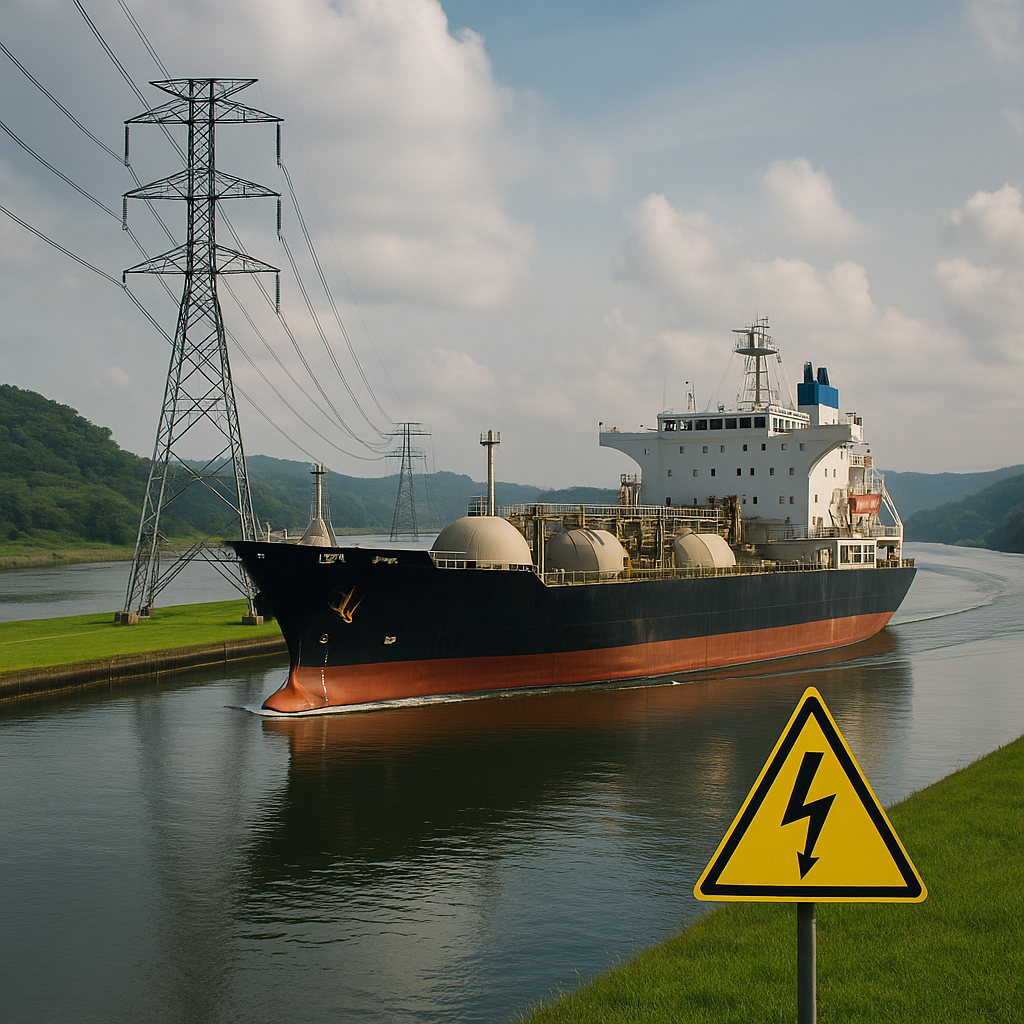 Imagen de un barco de carga transitando el Canal de PanamÃ¡, acompaÃ±ado de torres elÃ©ctricas y un cartel de advertencia, simbolizando la nueva licitaciÃ³n energÃ©tica y logÃ­stica del canal