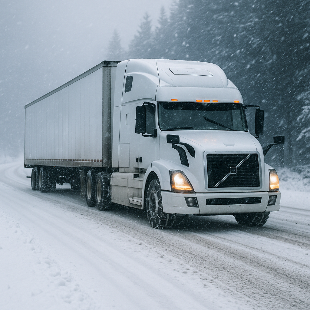 CamiÃ³n blanco equipado con cadenas en las ruedas avanzando por una carretera cubierta de nieve, ilustrando los desafÃ­os logÃ­sticos estacionales