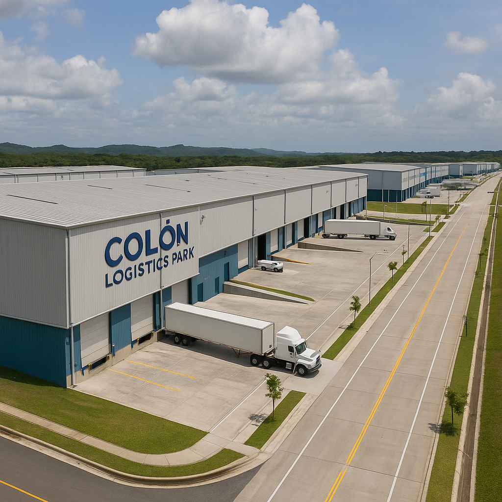 FotografÃ­a aÃ©rea del ColÃ³n Logistics Park mostrando depÃ³sitos modernos, camiones de carga y una infraestructura logÃ­stica ordenada