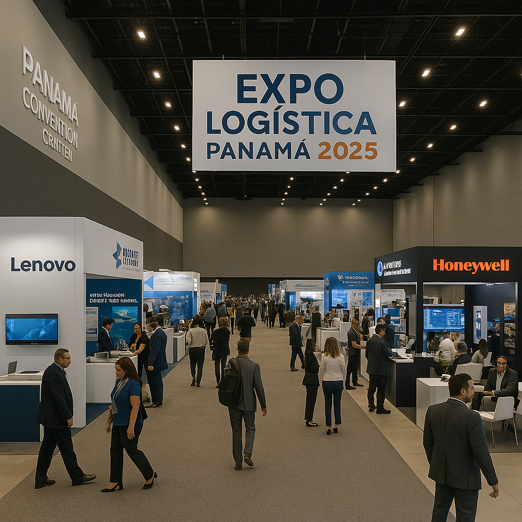 Vista general de la Expo Logística Panamá 2025 con stands de Lenovo, Honeywell y otros, dentro del Panama Convention Center, mostrando la innovación tecnológica en el sector logístico.